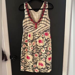 vintage Nanette Lepore shift dress - linen and silk - cream grey hot pink - sz 6